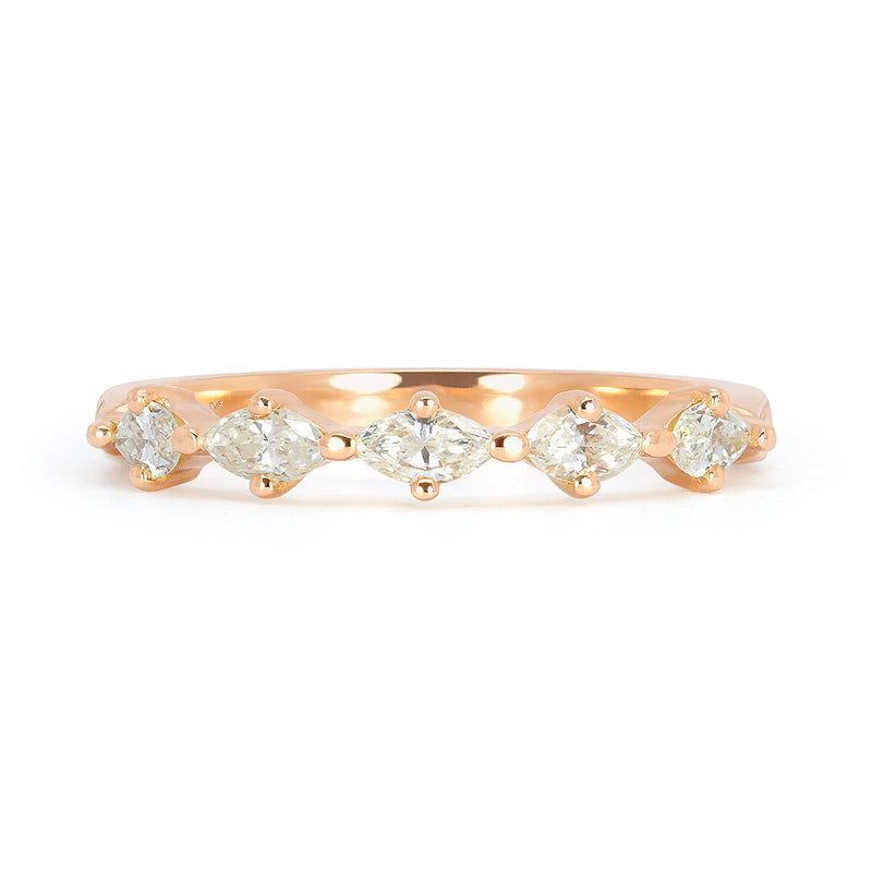 Bespoke 18ct recycled rose gold slim wedding band, claw-set with five inherited marquise diamonds and hand-engraved with scrolls