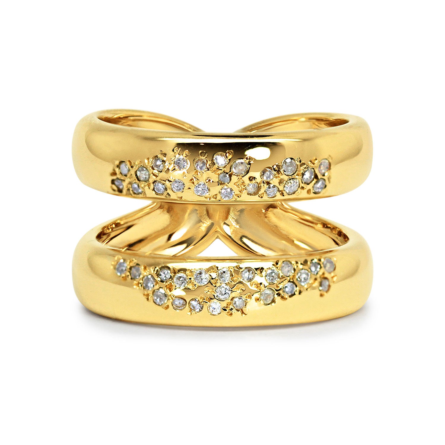 Chunky 14ct recycled split gold band with broken fragments of reclaimed vintage diamonds