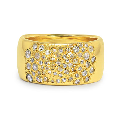Chunky 14ct recycled gold band with broken fragments of reclaimed vintage diamonds