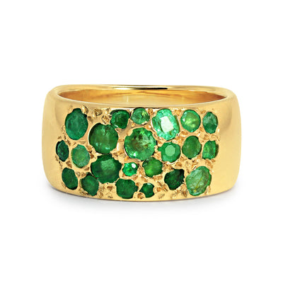Chunky 14ct recycled gold band with broken fragments of reclaimed vintage emeralds