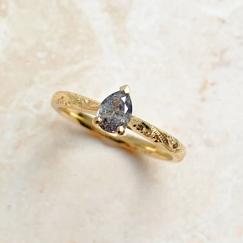 Fancy Athena Salt & Pepper Pear Cut Diamond Solitaire Engagement Ring, 18ct Ethical Gold, Ready to Go