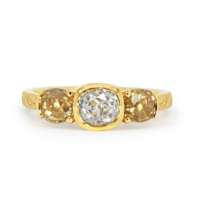 Trilogy engagement ring in recycled eco gold - vintage recycled old cut diamonds and a hand-engraved band