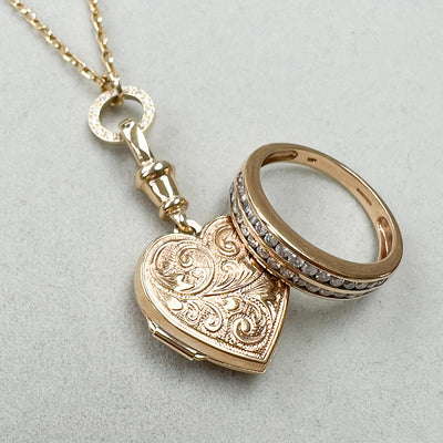 Reclaimed Vintage hand-engraved antique Victorian locket pendant with double eternity ring of two antique half diamond eternity rings