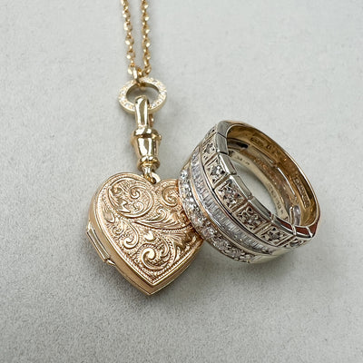 Reclaimed Vintage hand-engraved antique Victorian locket pendant with triple eternity ring of two antique half diamond eternity rings