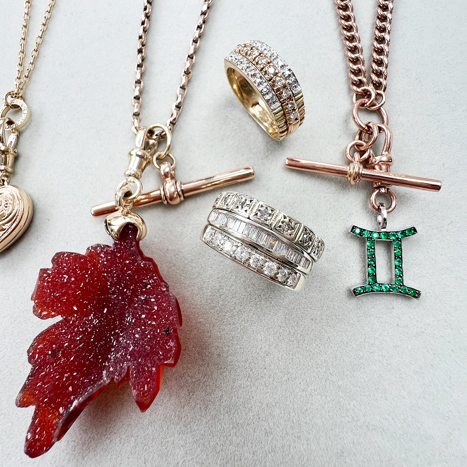 Reclaimed Vintage collection of unique necklaces and commitment rings, reclaiming antique Victorian components with recycled gold chain and newly designed components