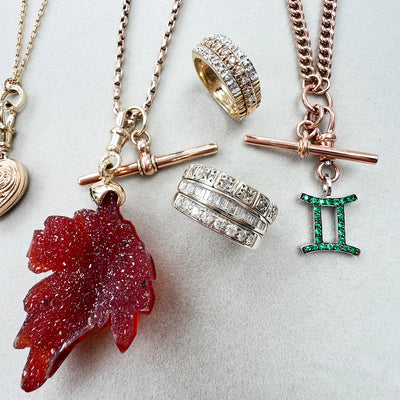 Reclaimed Vintage collection of unique necklaces and commitment rings, reclaiming antique Victorian components with recycled gold chain and newly designed components