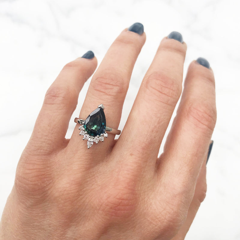 Bespoke Dan Ethical Sapphire and Diamond Half Halo engagement ring in recycled platinum