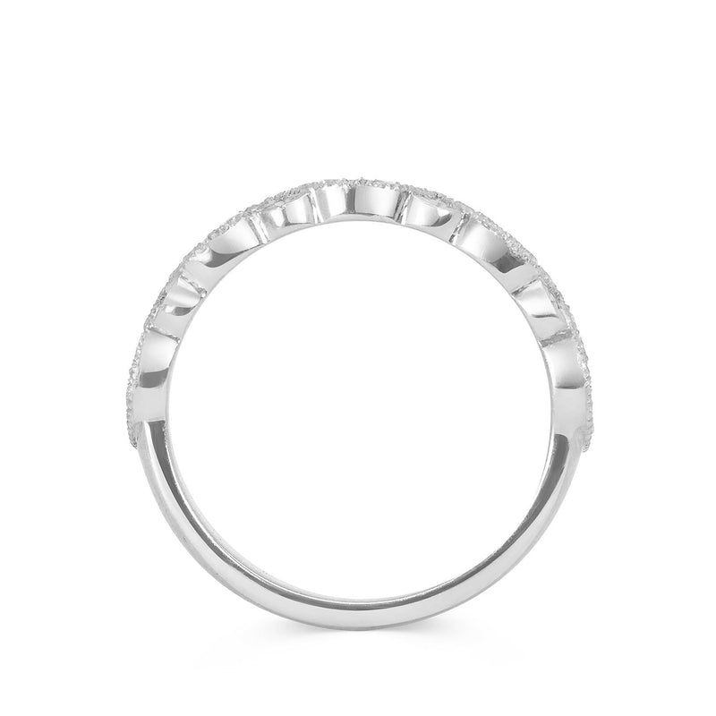 Lebrusan Studio's Amare Rosa wedding band, cast in recycled platinum and set with conflict-free Canadian diamonds in hand-engraved marquise-shaped settings