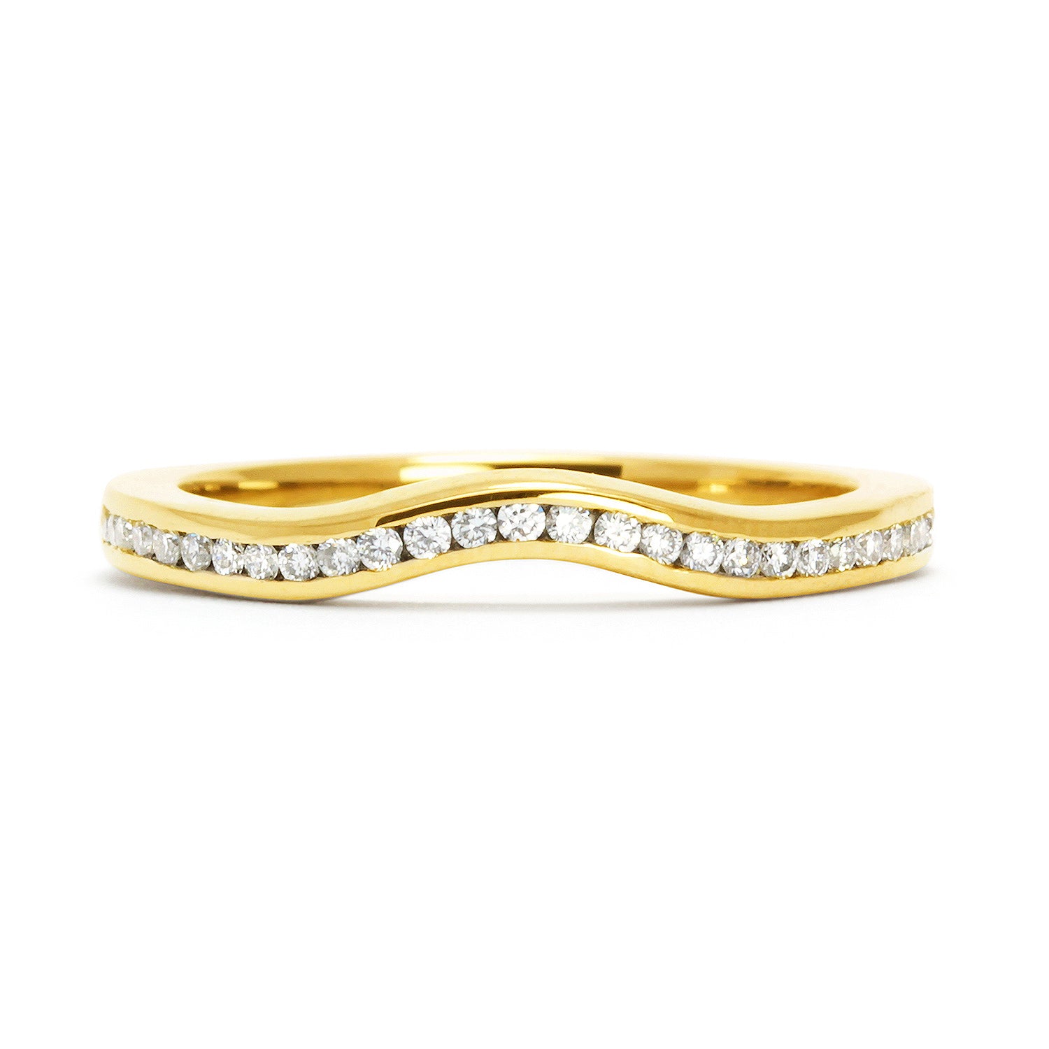 Lebrusan Studio's Accademia shaped stacking wedding band half channel-set with conflict-free diamonds, cast in 18ct ethical yellow gold