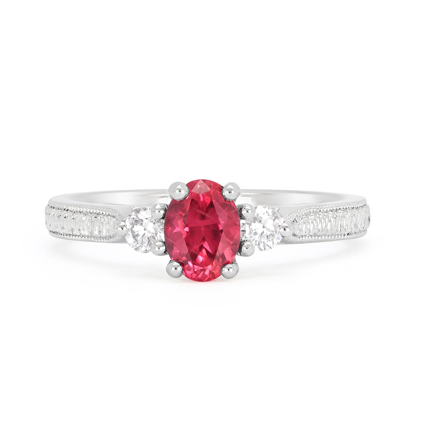 Bespoke Hannah ethical engagement ring, cast in recycled platinum and set with a 0.55ct oval cut Malawi ruby and traceable Canadian diamonds