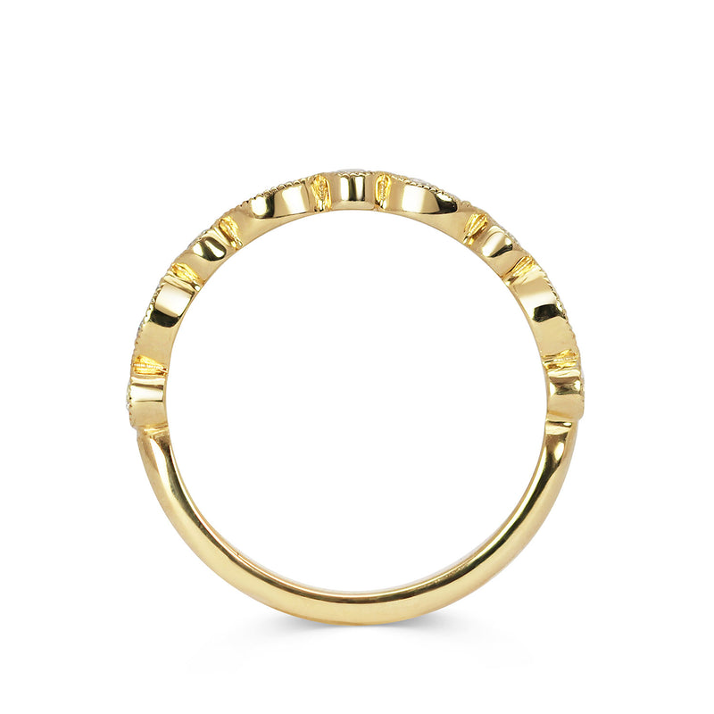 Lebrusan Studio vintage-style ethical gold wedding band with round brilliant-cut conflict free diamonds and hand-engraved milgrain beading