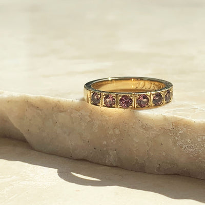 Lebrusan Studio bespoke Rosie Liberty wedding band, 18ct recycled yellow gold and cognac sapphires lifestyle