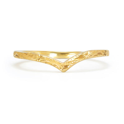 Wishbone Crown wedding band cast in 18ct ethical gold, hand engraved with scrolls