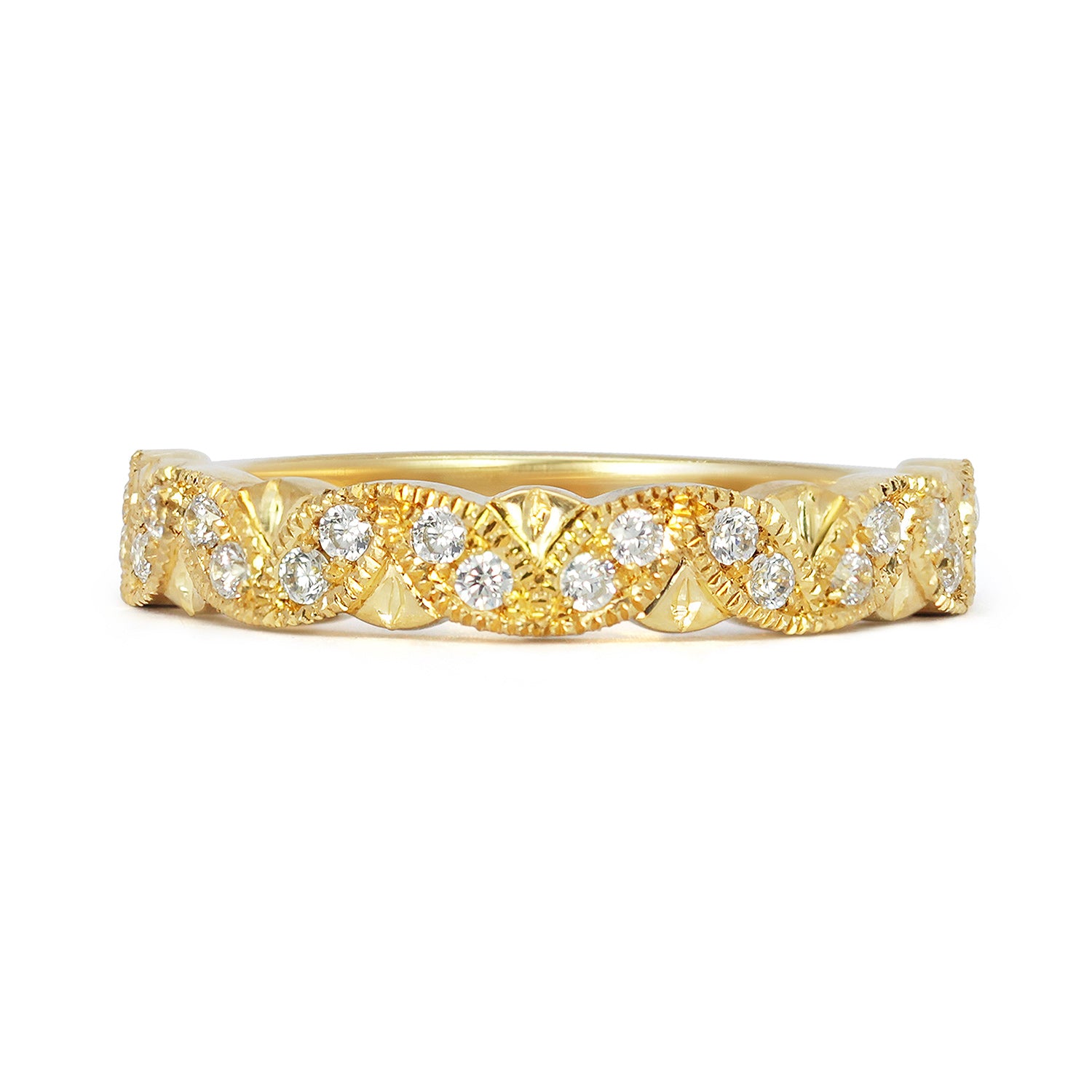 Lebrusan Studio vintage-style ethical gold wedding band with scalloped edging, hand-engraved milgrain beading and petals and 20 conflict-free brilliant cut diamonds