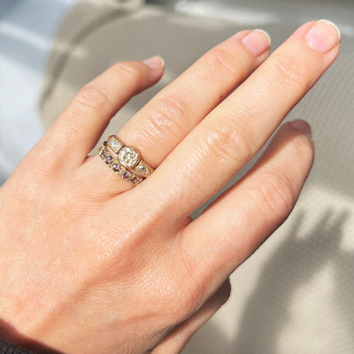 Lebrusan Studio bespoke Rosie Liberty wedding band, 18ct recycled yellow gold and cognac sapphires on hand