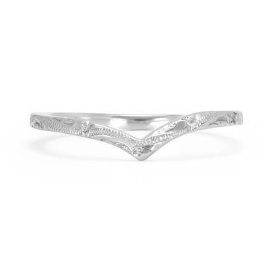 Wishbone Crown wedding band in recycled platinum, hand-engraved with scrolls