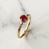 Bespoke Laurence customised Hebe engagement ring in 18ct recycled yellow gold with hand-engraved scrolls, a fair-trade Malawi ruby and ethical cognac sapphires 3