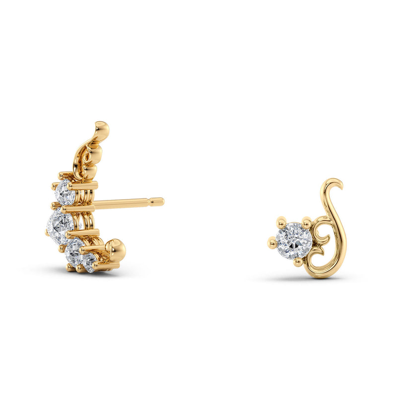 Lebrusan Studio Artisan Filigree Ethical Gold Stud Earrings in 18ct recycled yellow gold, set with four old-cut diamonds, combo with small diamond-set variation