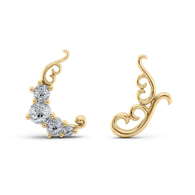 Lebrusan Studio Artisan Filigree ear climber stud earrings in 18ct recycled yellow gold, combo with large diamond-set variation