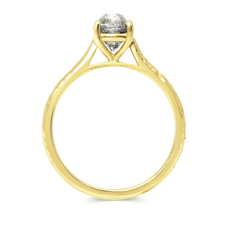 Solitaire engagement ring with a vintage recycled salt and pepper old-cut diamond and an 18ct recycled gold band with hand engraved scrolls