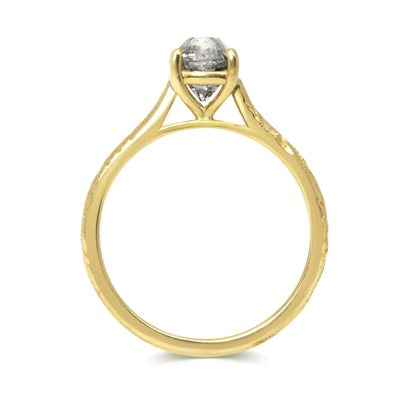 Solitaire engagement ring with a vintage recycled salt and pepper old-cut diamond and an 18ct recycled gold band with hand engraved scrolls