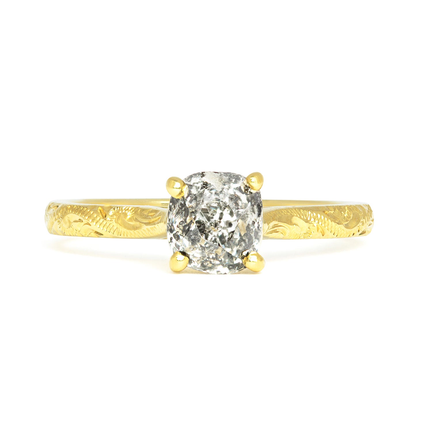 Solitaire engagement ring with a vintage recycled salt and pepper old-cut diamond and an 18ct recycled gold band with hand engraved scrolls