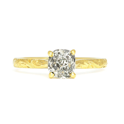 Solitaire engagement ring with a vintage recycled salt and pepper old-cut diamond and an 18ct recycled gold band with hand engraved scrolls