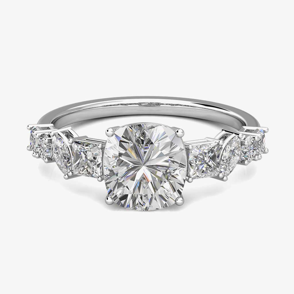 Art Deco-inspired Minerva engagement ring, with cushion-cut diamonds and princess-cut diamonds, all traceable and conflict-free