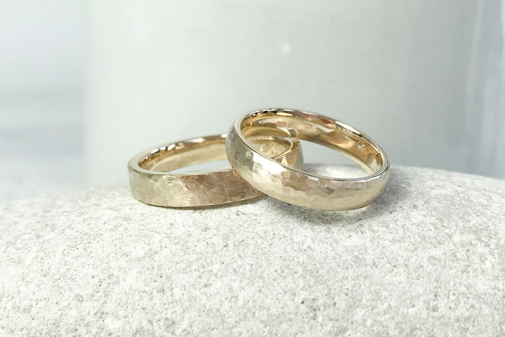 Two hammered wedding bands men, cast in 18ct recycled yellow gold. Unique mens wedding bands