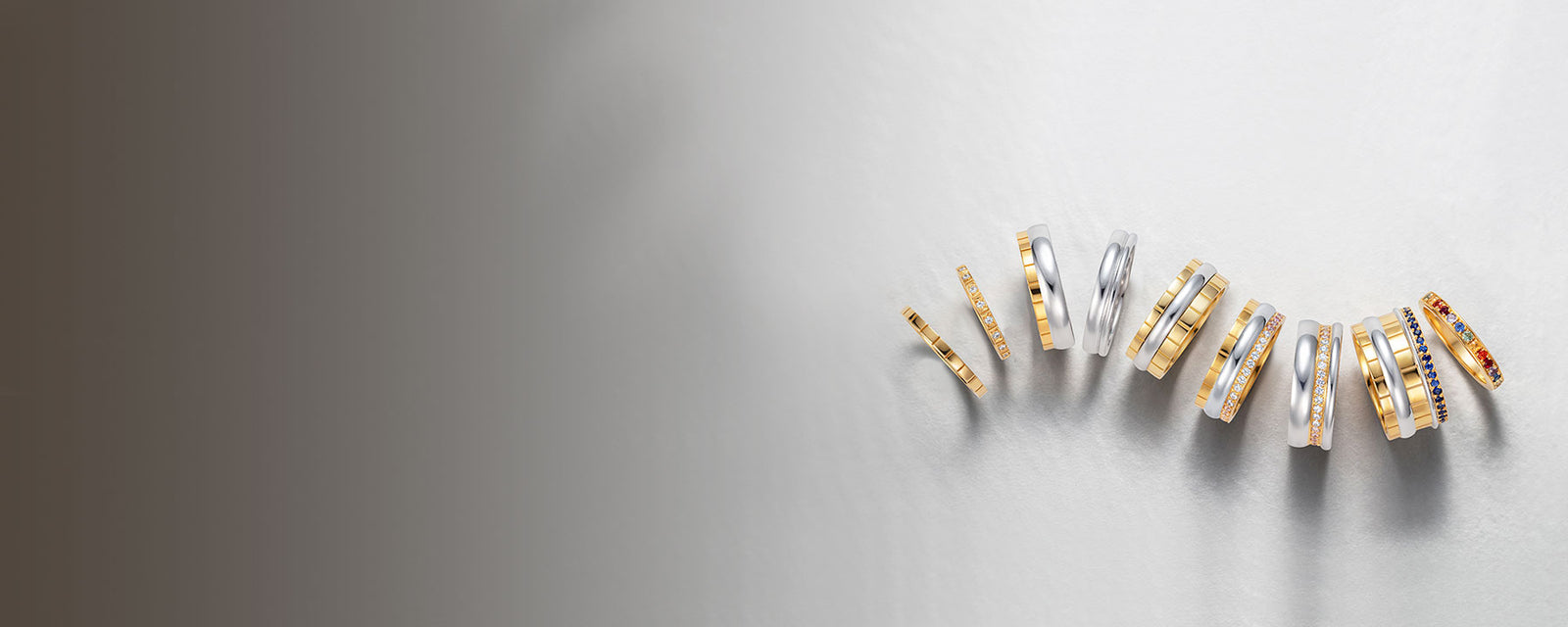 The Freedom Collection of unique stacking rings; wedding, commitment or engagement. Gold wedding bands with polished finishes, unique eternity bands with conflict-free sapphires, men's 4mm wedding bands and diamond wedding rings for women