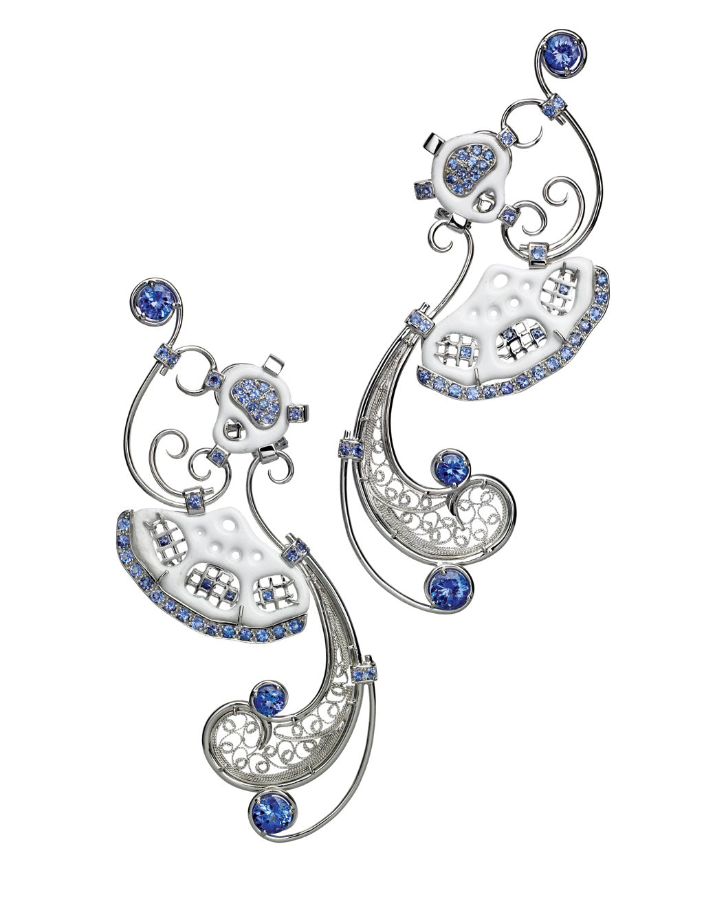 One-of-a-kind filigree earrings, crafted using 18ct white gold, fair-traded tanzanite and white enamel