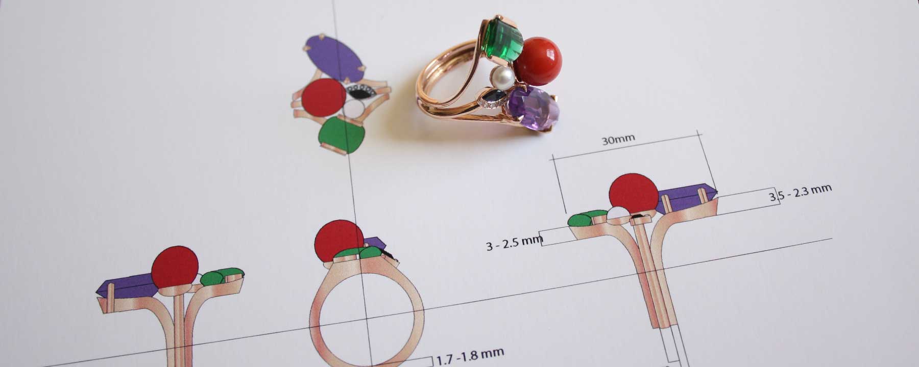 A bespoke cocktail ring created using 18ct rose Fairtrade Gold and a variety of upcycled beads and gemstones