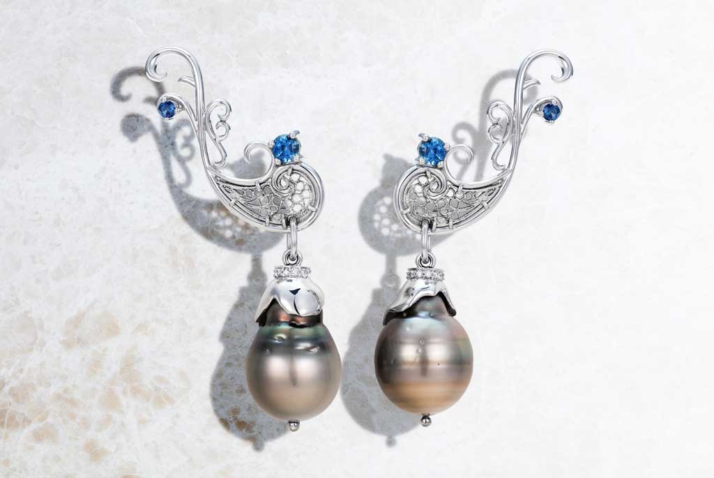 One-of-a-kind art earrings with hand-crafted silver filigree, fair-traded tanzanite and sustainably sourced black Tahitian pearls