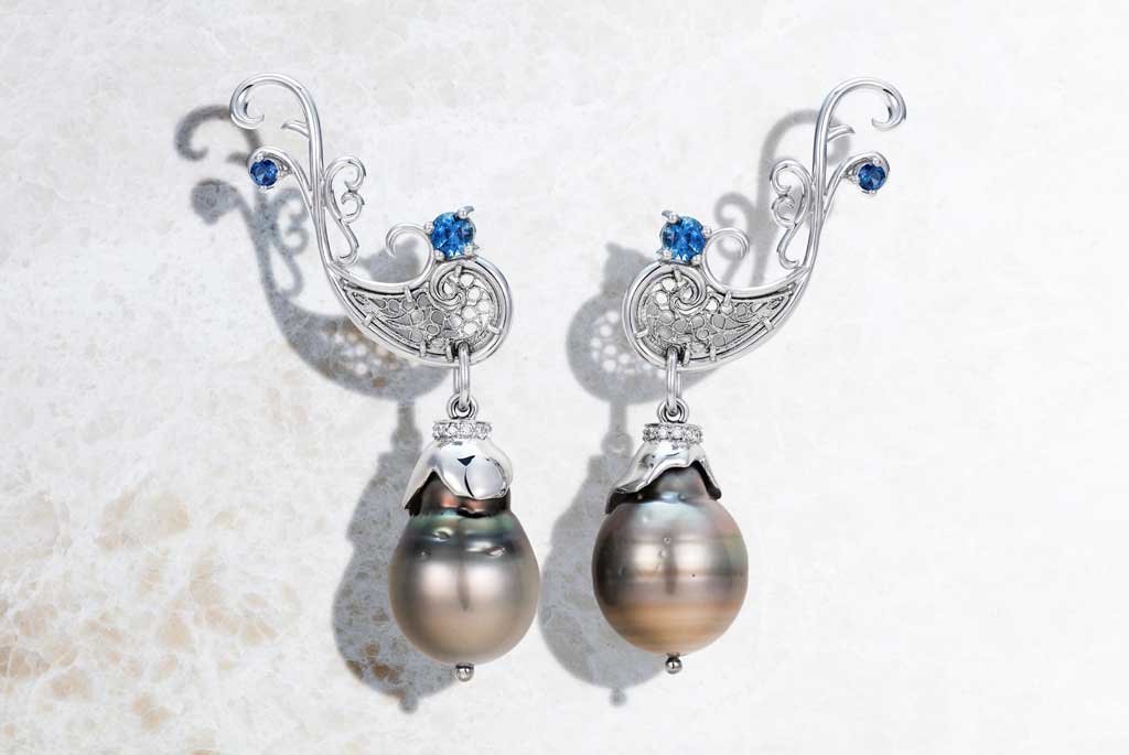 One-of-a-kind art earrings with hand-crafted silver filigree, fair-traded tanzanite and sustainably sourced black Tahitian pearls