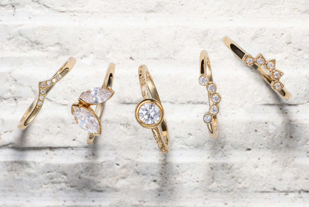 Shaped rings from our delicate and contemporary Crown Collection, characterised by 18ct ethical gold, conflict-free diamonds, alternative shapes and slim bands