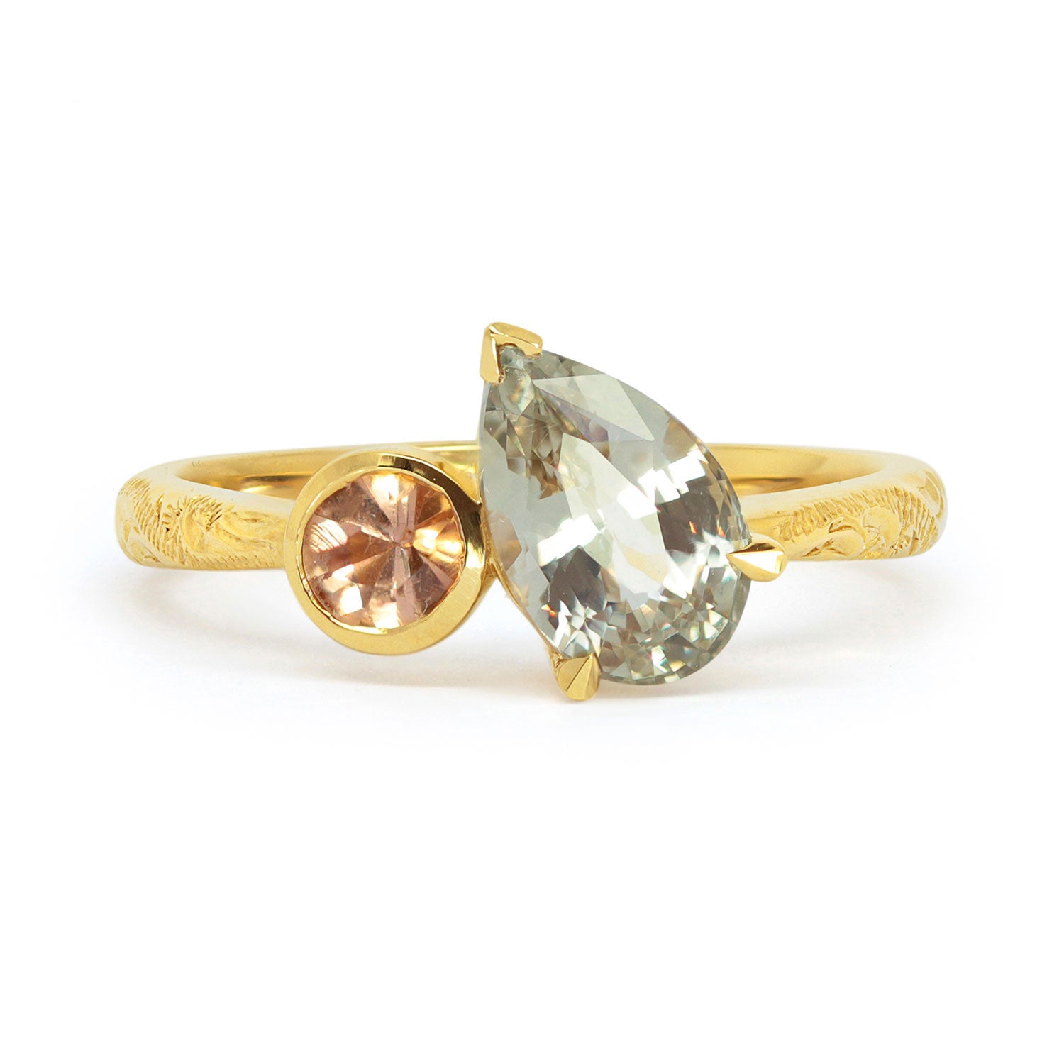 Lebrusan Studio Fancy Athena toi et moi engagement ring with hand-engraved Fairmined Eco Gold band and champagne fancy cut traceable ethical gemstones