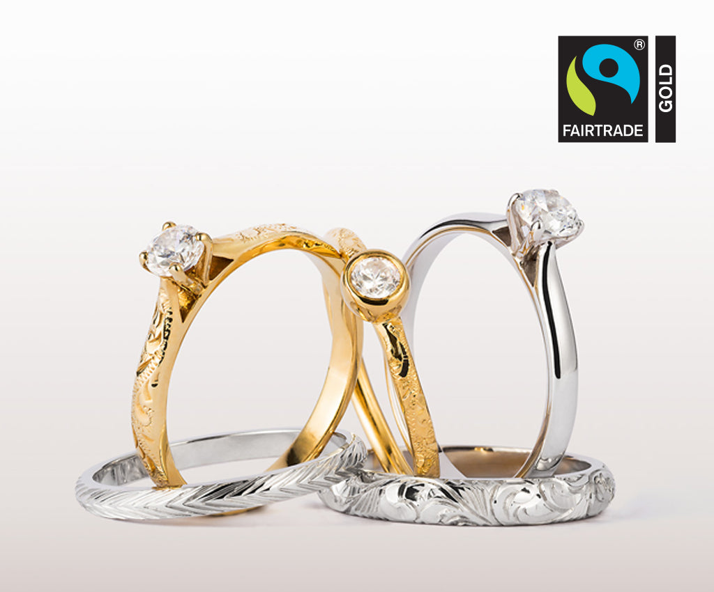Hand-engraved engagement rings and wedding bands made from Fairtrade Gold