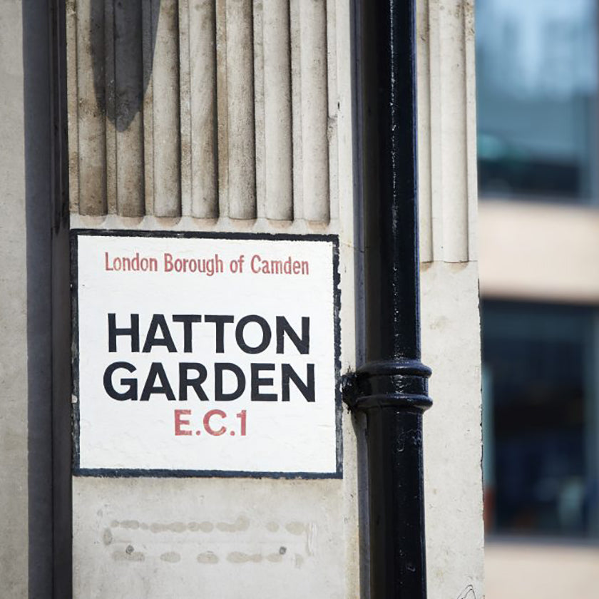 Road sign for Hatton Garden, London's hub of diamond trading, vintage jewellery, London designer jewellery, London jewellery makers and custom made jewellery
