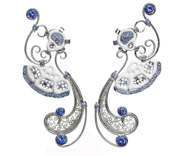 One-of-a-kind art jewel earrings, hand-crafted using ethical white gold, fair-traded blue tanzanite and white enamel