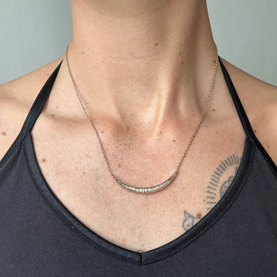 Reclaimed Vintage unique 9ct gold necklace with remodelled antique Victorian pearl crescent moon brooch and recycled gold chain, modelled on body