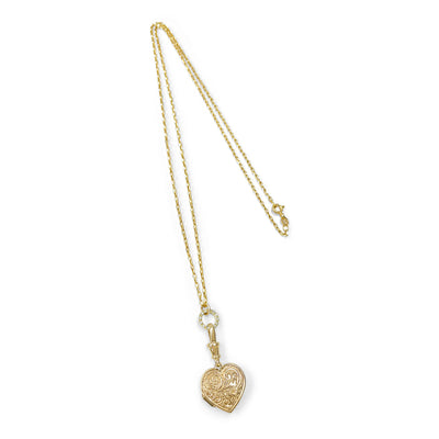 Reclaimed antique Victorian hand-engraved gold heart-shaped locket pendant necklace on a reclaimed antique gold chain, with a circlet connector in sustainable recycled gold and conflict-free Canadian diamonds - full chain view