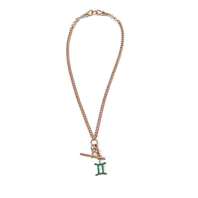 Rose gold reclaimed antique Victorian chain necklace necklace with an ethical green emerald Gemini pendant on a white background - full chain view