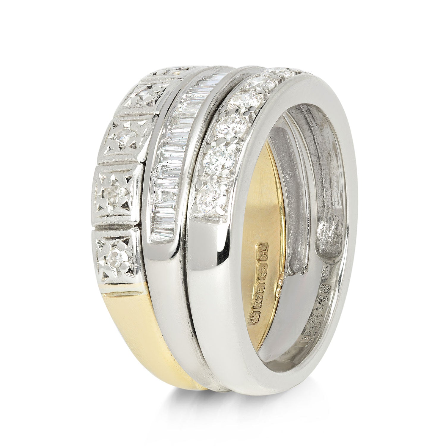 Reclaimed Vintage commitment ring with three reclaimed antique Victorian diamond eternity rings, side view 2