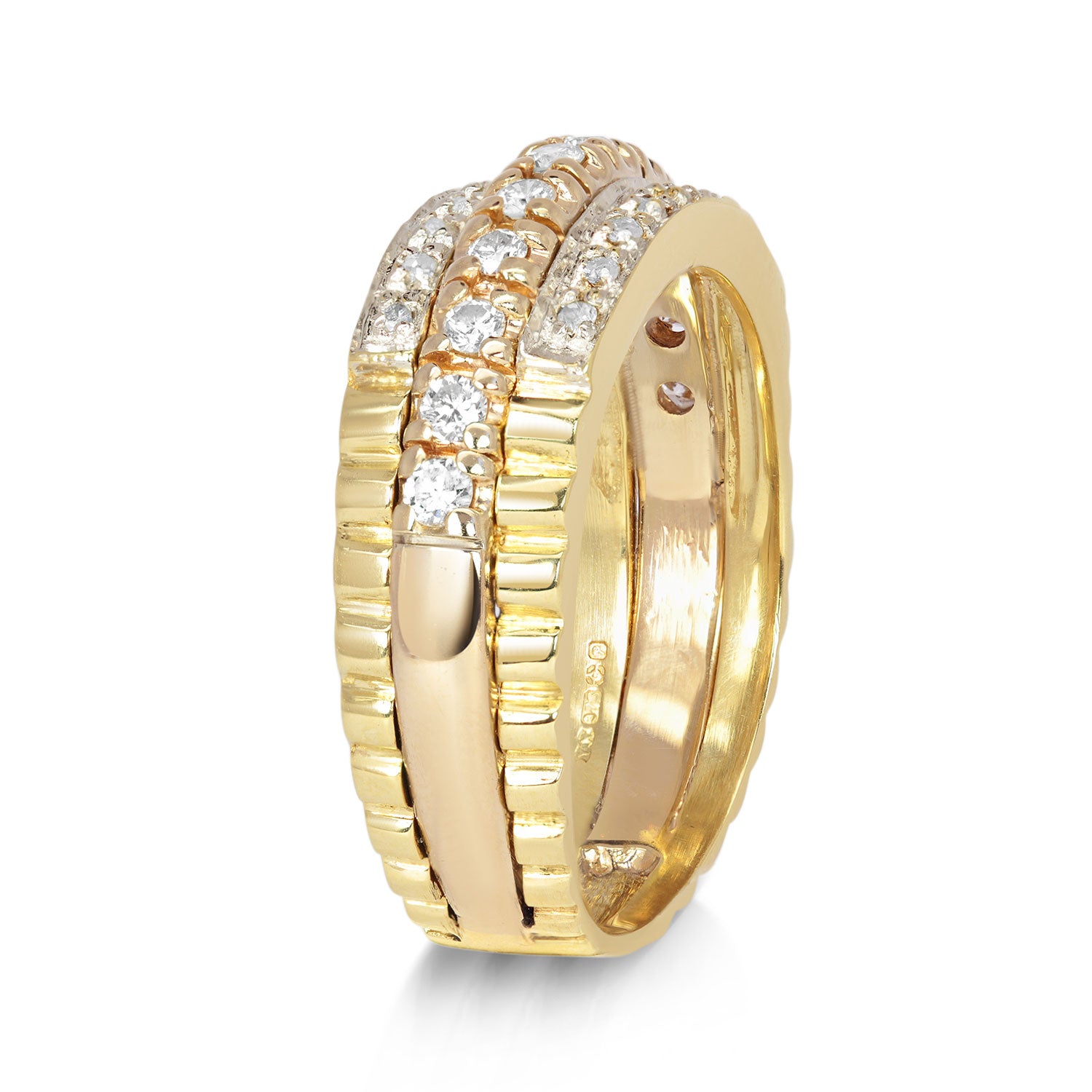 Reclaimed Vintage unique commitment ring, soldering together three antique Victorian half-diamond eternity rings in 9ct yellow and rose gold, side view