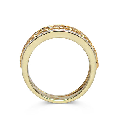Three antique 9ct gold Victorian eternity rings half-set with diamonds, soldered together into a chunky stack, through view