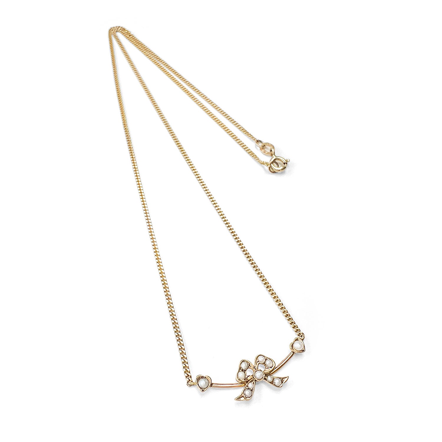 Reclaimed Vintage antique Victorian ribbon pearl brooch on a slim reclaimed 9ct gold necklace, V2
