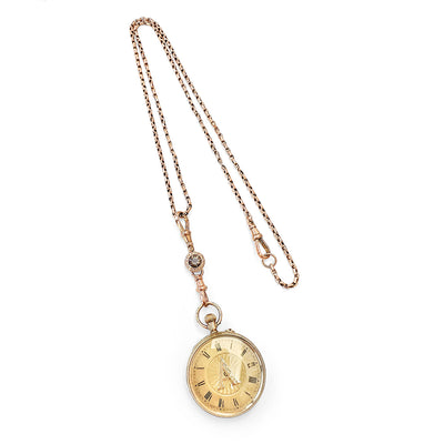 Reclaimed Vintage antique Victotrian pocket watch with Roman numerals and a decorative 'A', set with broken diamonds - repurposed as a pendant on a reclaimed antique gold chain and Albert clasp - on a white background, V3