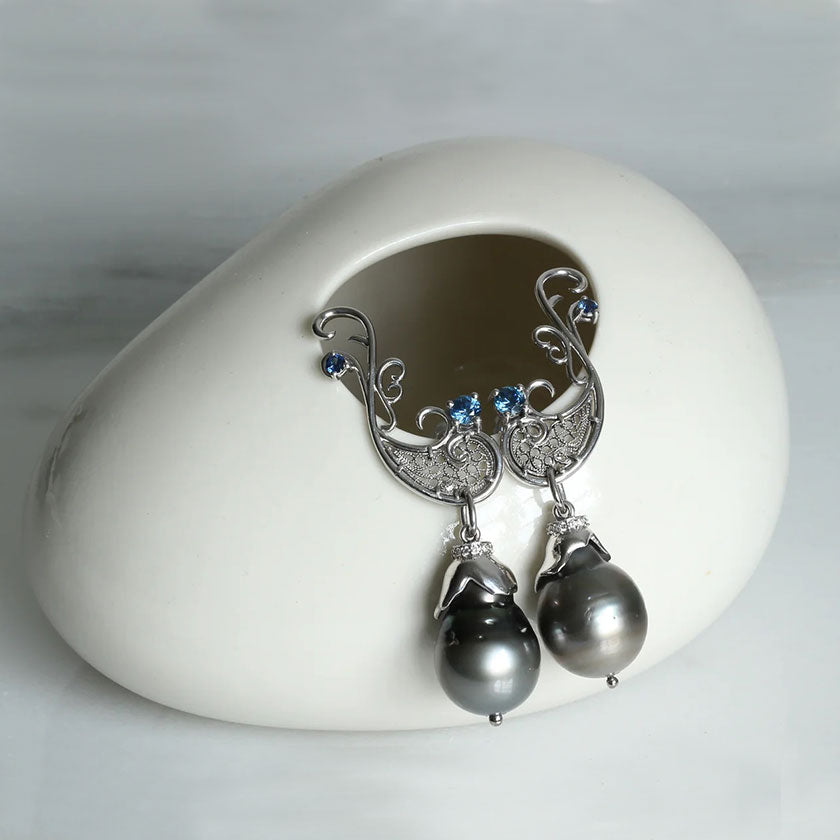 Lebrusan Studio's unique bespoke chandelier earrings with recycled gold filigree and black Tahitian pearls