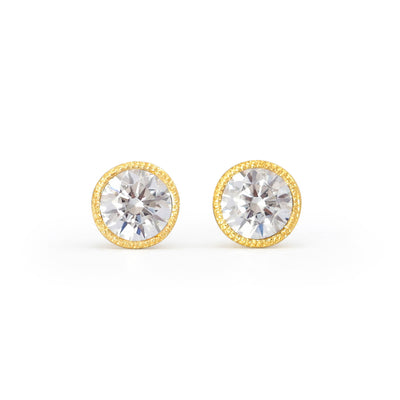 Lebrusan Studio rub-over stud earrings with milgrain beading - 18ct yellow Fairtrade Gold and 0.5ct of recycled diamonds, head-on shot