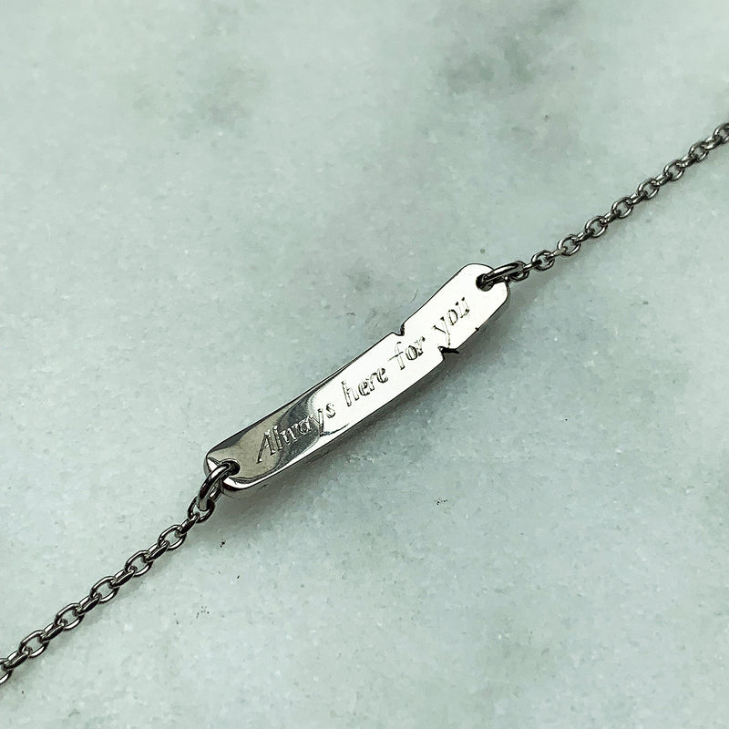 Bespoke Mabelle recycled white gold hammered finish baby bracelet with adjustable chain and hand-engraved message